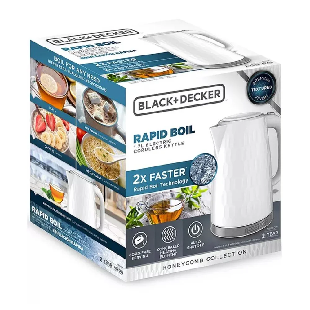New Black & Decker White Honeycomb 1.7-Liter Rapid-Boil Electric Cordless Kettle